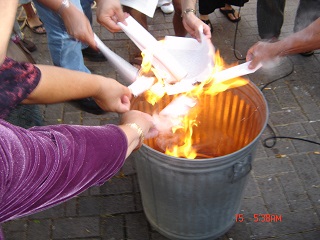 Calling for an end to the Doctrine of Discovery, protesters burn mock Papal Bulls in a protest in downtown Honolulu a few years ago.